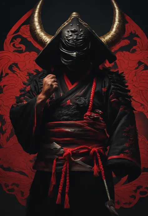 a ninja with a Japanese oni mask, com uma roupa preta, menacingly