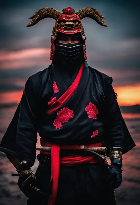 a ninja with a Japanese oni mask, com uma roupa preta, menacingly