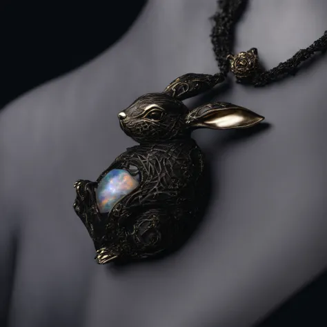 [[Bunny black opal pendant：1.8]] Gold wire woven bunny shape pendant，Rabbit shape， Moon pendant wrapped in wire，There are opal beads， Beautifully structured，High contrast lens, macro photograph, Ukiyo-e, Depth of field, Masterpiece, Super detail, High deta...