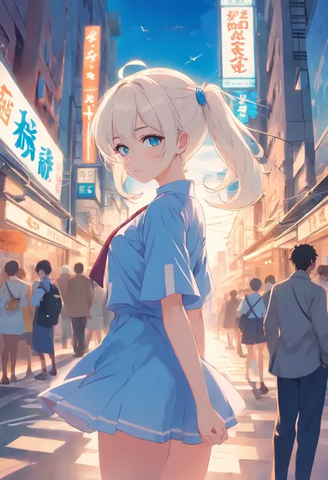 White color hair，Double ponytail curls，blue color eyes，White Lolita，Beth，A bustling city street