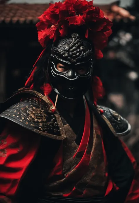 a ninja with a Japanese oni mask, com uma roupa preta, menacingly