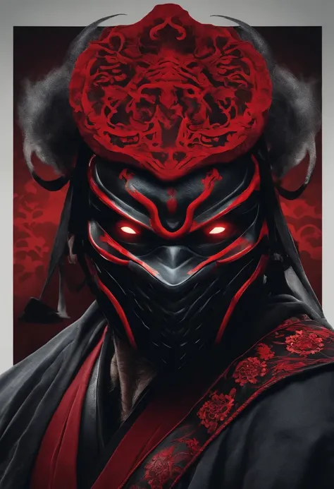 a ninja with a Japanese oni mask, com uma roupa preta, menacingly