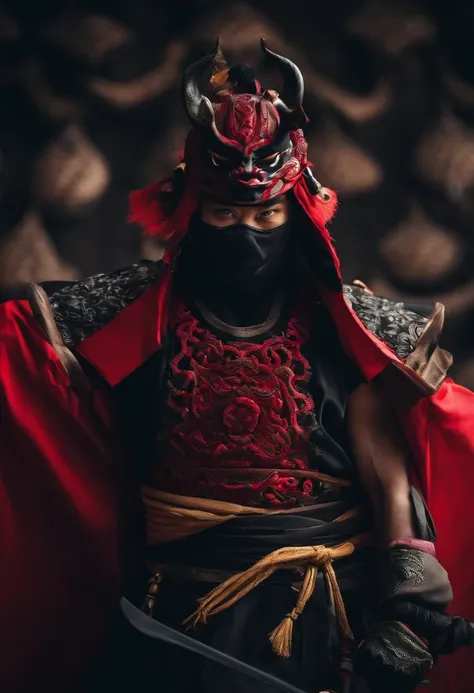 a ninja with a Japanese oni mask, com uma roupa preta, menacingly