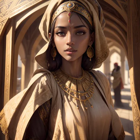 (best quality,4k,8k,highres,masterpiece:1.2),extremely detailed eyes and face,beautiful detailed eyes,beautiful detailed lips,(realistic,photorealistic,photo-realistic:1.37),vivid colors,darkskinned,traditional clothing,turban,ornate jewelry,serene express...