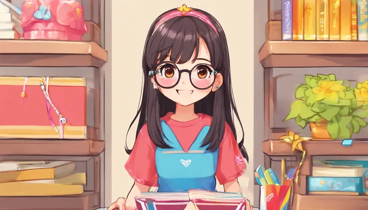 a black, long hair girl with brown eyes whit eyeglasses, happy that open a surprise box