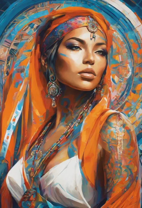 ultra detailed artistic photography, Beautiful native Brazilian Apache female,arara azul em seu ombro, linda ave,tee xixi, fora, fogueira, tristeza, sexy, sonhador,passaro azul, brilhante, retroiluminado, Sombras, oil on the canvas, liso, Ultra High Defini...