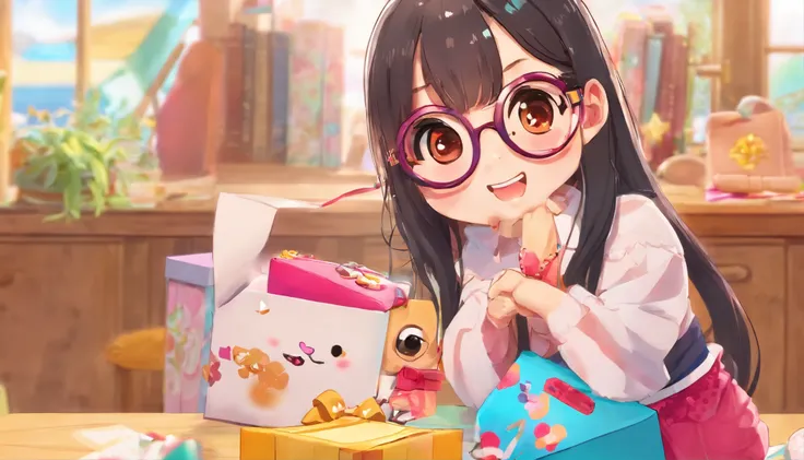 a black, long hair girl with brown eyes whit eyeglasses, happy that open a surprise box