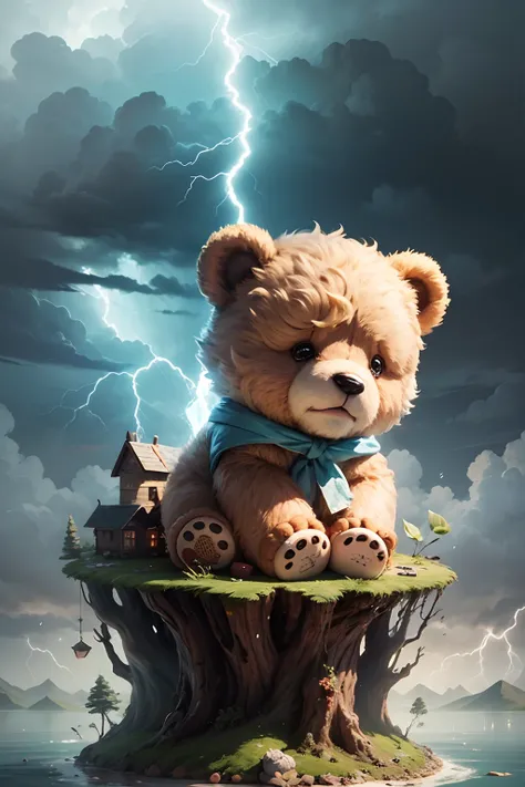 teddy bear crying on a mini floating island, with lightning clouds above him --auto --s2