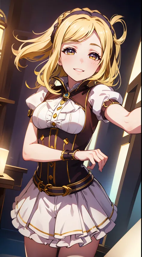 ((masterpiece,best quality,8k, Masterpiece, Best Quality,Detailed, Beautiful Detailed Eyes,)),Layla ML outfit, Mari Ohara face, Mari Ohara hair,solo, smiling, looking at viewer, cowboy shot, cinematic composition, dynamic pose,blonde hair