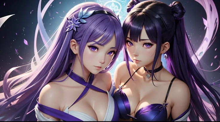 anime girl with purple hair and purple eyes posing for a photo, hestia, ayaka genshin, blue cloth covering her chest, extremely detailed artgerm, zodiac girl portrait, tsuaii, zerochan art, by Kamagurka, azure. detailed hair, artgerm on artstation pixiv, s...