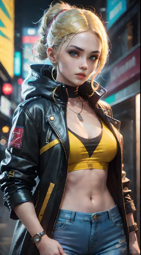 1 Girl holding a katana of cyberpunk 2077 wearing yellow trench coat short jeans，Cyberpunk 2077，Extreme light and shadow，Aurora chase，extremelycomplicateddetails，Extremely strong reflected light，Extreme ambient light，the city that never sleeps，Analog camer...