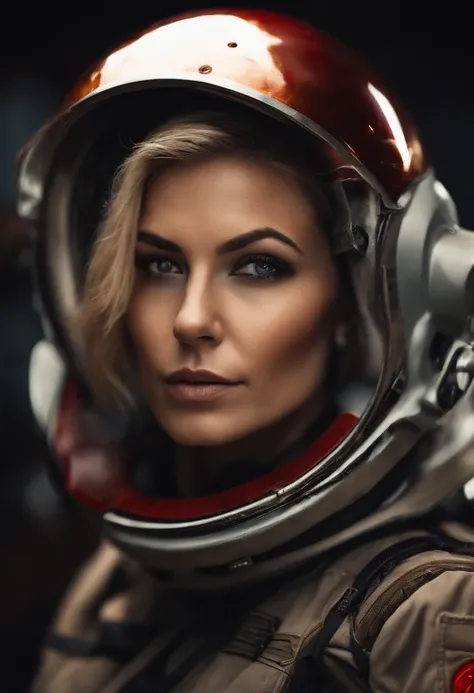 RAW photo, Post-apocalyptic, close-up portrait photo of a curvy 28 yo Russian girl with Edgy Inverted Bob in a silver flight suit with red lights a Space Force logo on chest, tattoos, Champagne blond hair, in tattered dirty clothes, leathery skin, rugged, ...