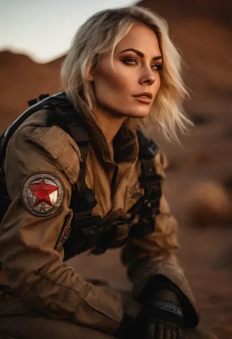 RAW photo, Post-apocalyptic, close-up portrait photo of a curvy 28 yo Russian girl with Edgy Inverted Bob in a silver flight suit with red lights a Space Force logo on chest, tattoos, Champagne blond hair, in tattered dirty clothes, leathery skin, rugged, ...