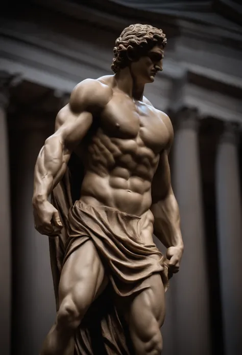 Stoic Greek Hercules style statue with highlighted muscles dark background