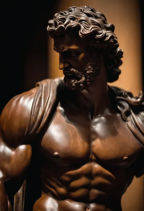 Stoic Greek Hercules style statue with highlighted muscles dark background