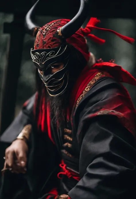 a ninja with a Japanese oni mask, com uma roupa preta, menacingly