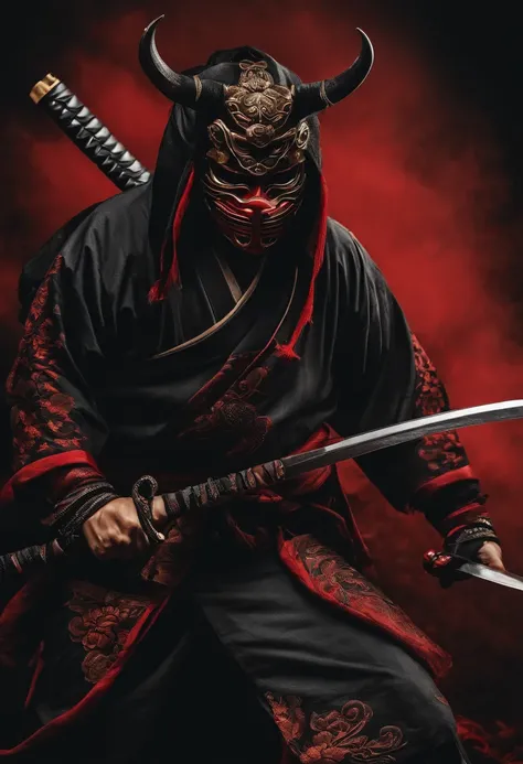 a ninja with a Japanese oni mask, com uma roupa preta, menacingly