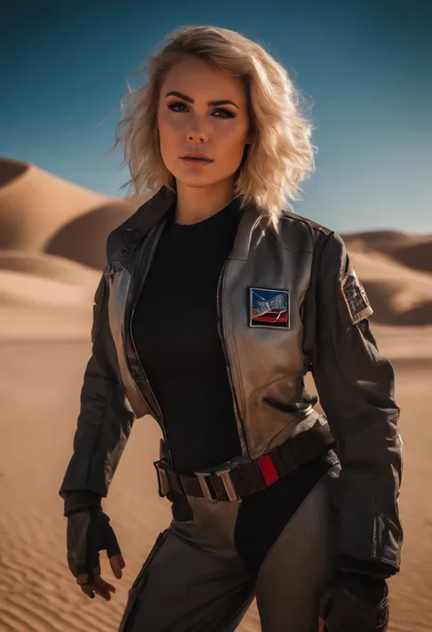 RAW photo, Post-apocalyptic, close-up portrait photo of a curvy, sexy 21 yo Texas girl with Edgy Inverted Bob in a silver flight suit with red lights a Space Force logo on chest, tattoos, captivating, Champagne blond hair, in tattered dirty clothes, rugged...