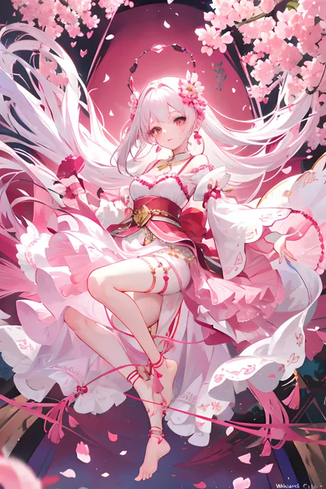 ((Around her feet are pink petals)) Beautiful dancing girl, with brown eyes((happy)) holding a string instrument wooden chain of beads around her ankles and waist long white hair twirls in the air, wearing a pink dress with red hemming,