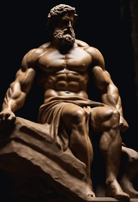 Stoic Greek statue Hercules style with muscles highlighted dark  background