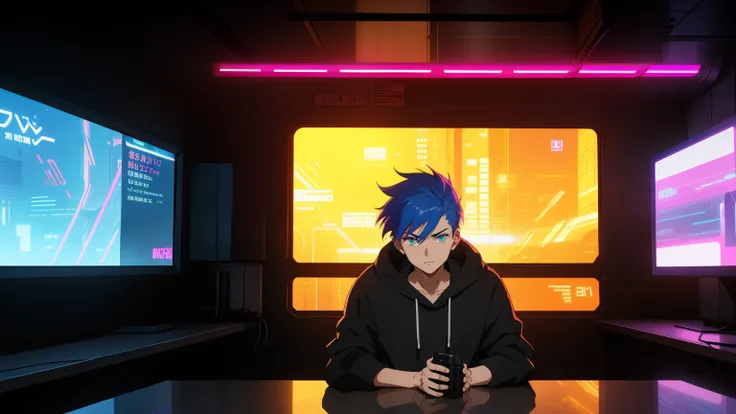 Create an evocative scene featuring a boy in a black hoodie, seated at a table in a room. He gazes forward, his expression determined and focused. The room offers a wide perspective, featuring a window with a mesmerizing cyberpunk cityscape. Enhance the fu...