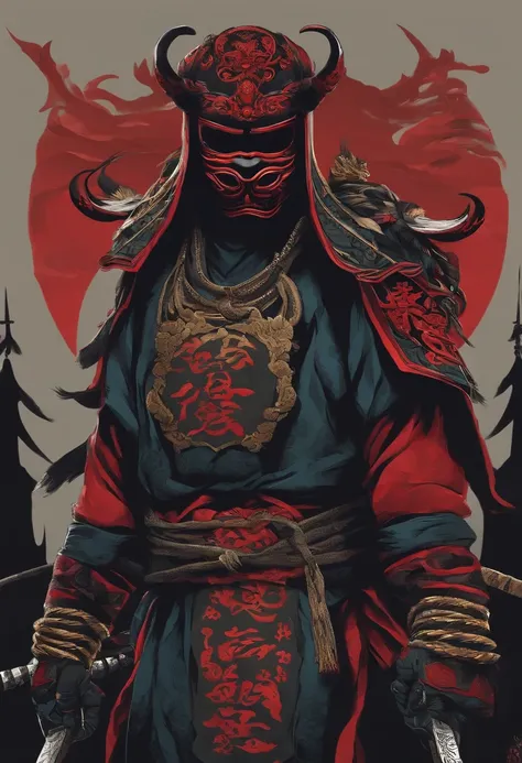 a ninja with a Japanese oni mask, com uma roupa preta, menacingly