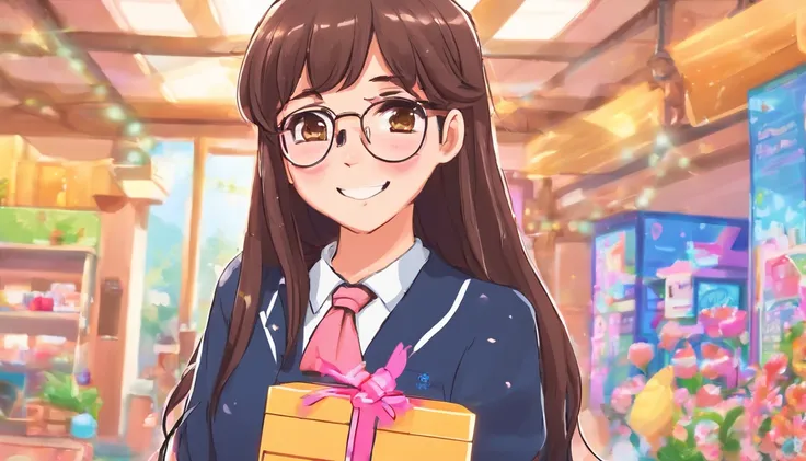 a black, long hair girl with brown eyes whit eyeglasses, happy that open a surprise box