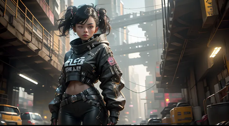 A mid-shot portrait of a stylish young asian woman standing in a bustling futuristic cyberpunk city, rendered in Octane with vibrant cinematic neon lighting and advanced global illumination techniques, in the style of a big budget sci-fi film. Glowing holo...