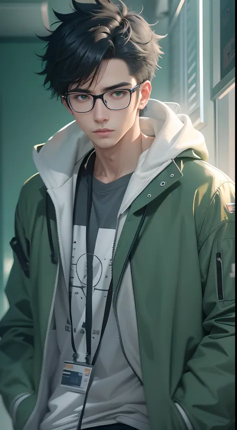 an cool university student, (male), wears narrow mental frame glasses, wear gray coat, white plain T-shirt, black jeans ,((green background)),(anime style), (cinematic lighting), (ray tracing), ((reflection light)), half-body-shot, atmospheric perspective,...