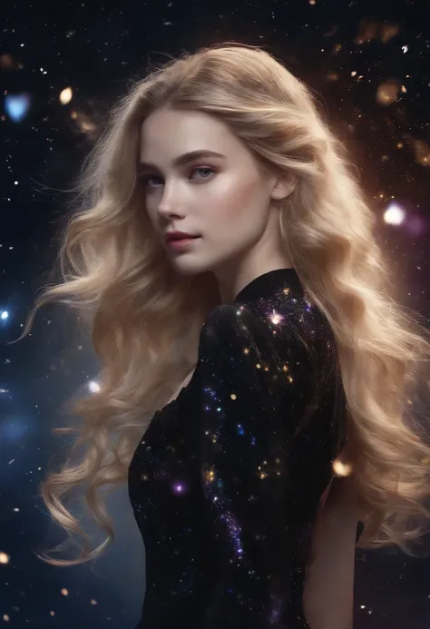 "The best quality, masterpiece:1.2, 1girl, galaxy, glitter, dress, particles, wind, flower, upper body, simple dark background, looking at the viewer, blonde."