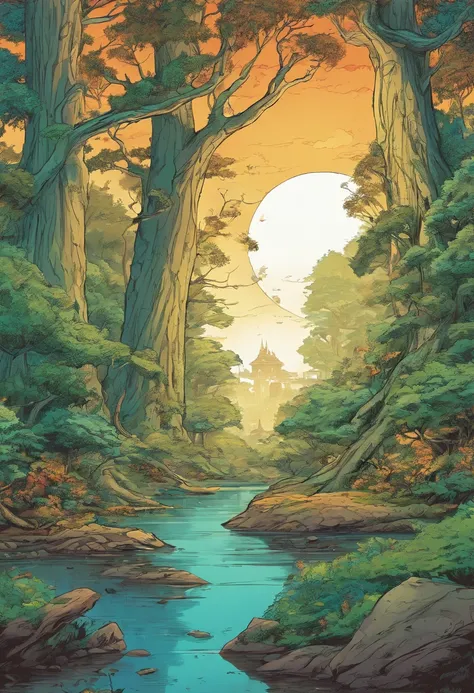 (Manga, comic, panels, scenery) A mystical forest with giant trees and magical beings hidden among the branches, 8K, high quality