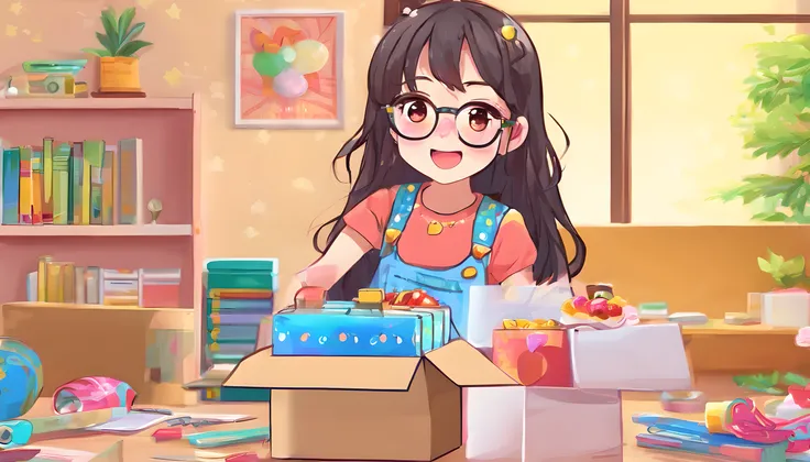 a black, long hair girl with brown eyes whit eyeglasses, happy that open a surprise box