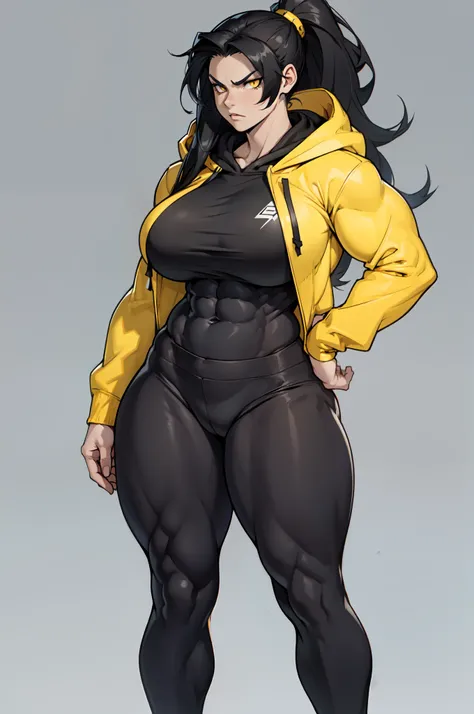 ((grey background)), solo, ((((1 girl)))), very long hair, black hair, angry, yellow eyes, (((((muscular))))), (huge tits), (thick thighs), (wide hips), pale skin, standing, slick hair, hoodie, leggings