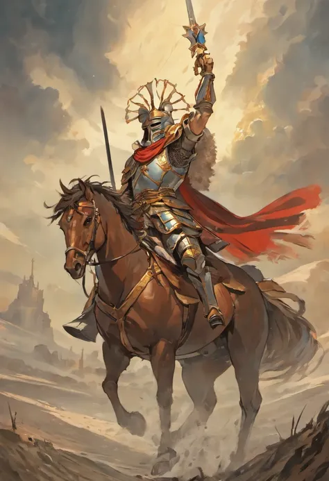 "Stunning cover in Baroque painting style depicting an epic scene of Don Quixote mounted on his horse Rocinante, wearing his rusty armor and wielding his spear. Don Quixote aparece de corpo inteiro em primeiro plano, em uma pose heroica com Rocinante empin...