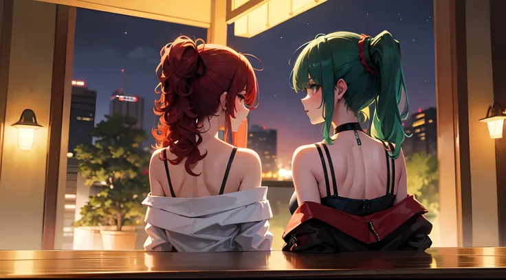 masterpiece, lots of detail, 4k, 8k, ((ultra-detailed)), highres, party, patio, night, alcohol, drunk, back, {red hair|green hair|black hair|blue hair}, {ponytail|short hair|long hair|curly hair}