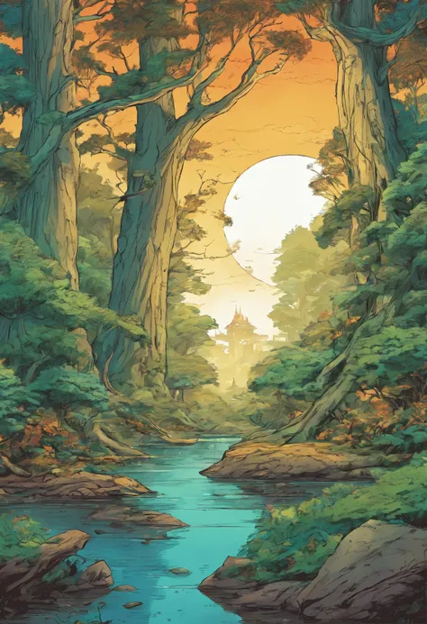 (Manga, comic, panels, scenery) A mystical forest with giant trees and magical beings hidden among the branches, 8K, high quality