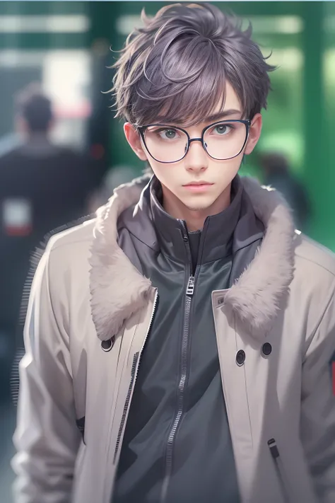 an cool university student, (male), ((fade hair style)), wears narrow mental frame glasses, wear gray coat, white plain T-shirt, black jeans ,((green background)),(anime style), (cinematic lighting), (ray tracing), ((reflection light)), ((half-body-shot)),...