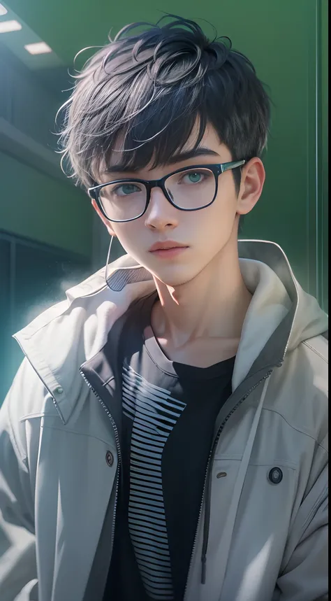 an cool university student, (male), ((short fade hair)) wears narrow mental frame glasses, wear gray coat, white plain T-shirt, black jeans ,((green background)),(anime style), (cinematic lighting), (ray tracing), ((reflection light)), ((half-body-shot)), ...