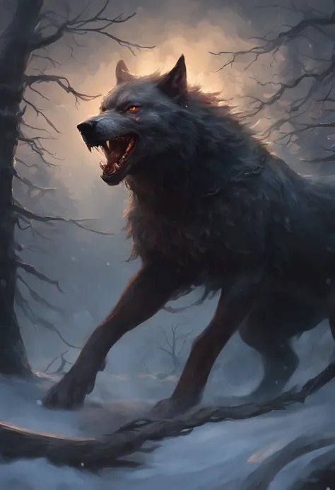 (Best Quality,4K,8K,hight resolution,masutepiece:1.2),Ultra-detailed,Realistic,Photorealistic:1.37,A terrifying direwolf on a string made of chains,Menacing red eye glow,Layered Fur Textures,bloody drool dripping from sharp fangs,,Leathery weathered iron c...