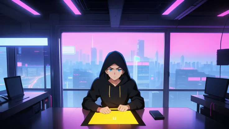 Create an evocative scene featuring a boy in a black hoodie, seated at a table in a room. He gazes forward, his expression determined and focused. The room offers a wide perspective, featuring a window with a mesmerizing cityscape. Enhance the futuristic a...