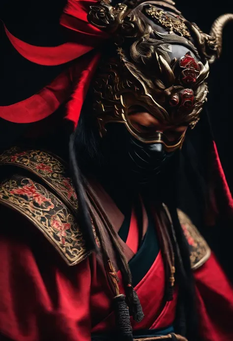 a ninja with a Japanese oni mask, com uma roupa preta, menacingly