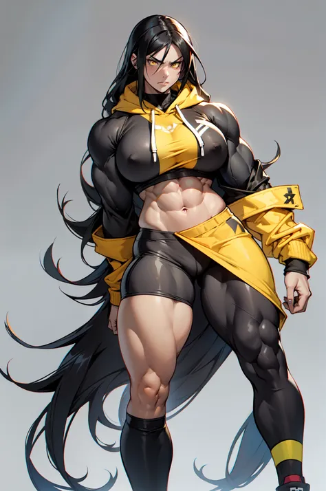 ((grey background)), solo, ((((1 girl)))), very long hair, black hair, angry, yellow eyes, (((((muscular))))), (huge tits), (thick thighs), (wide hips), pale skin, standing, slick hair, hoodie, leggings