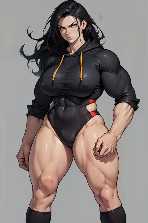 ((grey background)), solo, ((((1 girl)))), very long hair, black hair, angry, yellow eyes, (((((muscular))))), (huge tits), (thick thighs), (wide hips), pale skin, standing, slick hair, hoodie, leggings