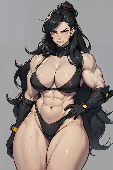 ((grey background)), solo, ((((1 girl)))), very long hair, black hair, angry, yellow eyes, (((((muscular))))), (huge tits), (thick thighs), (wide hips), pale skin, standing, slick hair