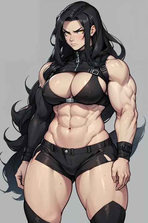 ((grey background)), solo, ((((1 girl)))), very long hair, black hair, angry, yellow eyes, (((((muscular))))), (huge tits), (thick thighs), (wide hips), pale skin, standing, slick hair