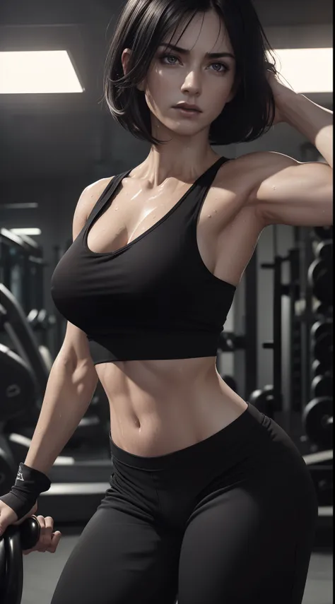 Ultra Realistic Image of Gorgeous British Female Model, (Athletic Body:1.2), (Pale Skin:1.6), (Defined Abs), (Busty Cup Size:1.2), (Firm Thighs:1.2), (Wearing Black V-neck Tank-Top and Black Training Pants:1.6), (Shoulder-level Bob Black Hair:1.4), (Detail...