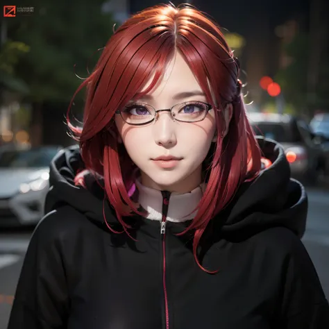 1girl, uzumaki karin, long hair, sexy dress, red hair, red eyes, smile, beautiful, purple clothes, very big breast, sexy clothes, wearing glasses, outdoor background, ultra detail, realistic