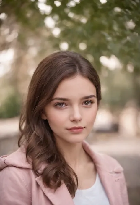 A teenager lady with brown hair and brown eyes. She is wearing pink jacket and a brown shirt.