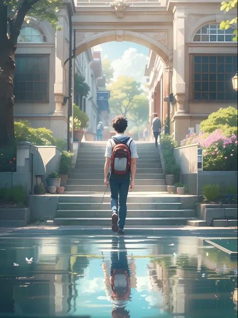 an university male student ,walk through the university campus, spring, (beautiful waterhole reflection), on the flag stone path, breeze blow ,(anime style), (cinematic lighting), (ray tracing), ((reflection light)), ((half-body-shot)), atmospheric perspec...