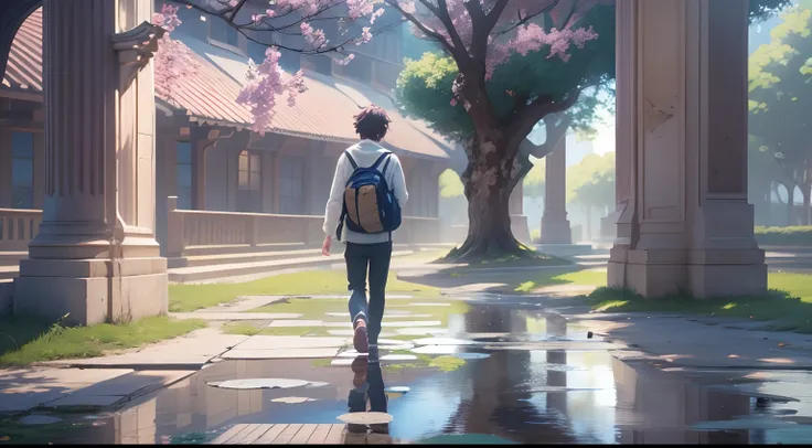 an university male student ,walk through the university campus, spring, (beautiful waterhole reflection), on the flag stone path, breeze blow ,(anime style), (cinematic lighting), (ray tracing), ((reflection light)), ((half-body-shot)), atmospheric perspec...